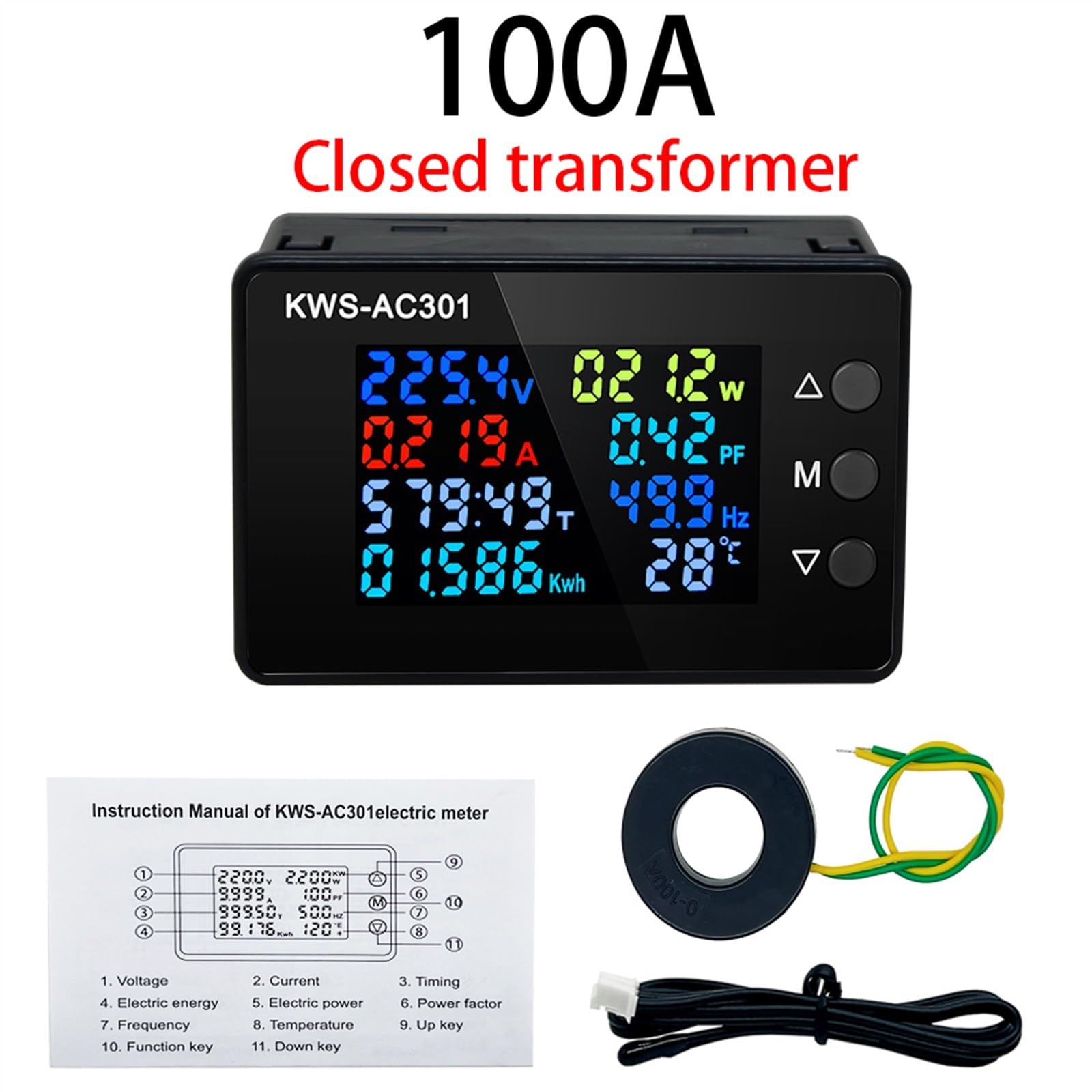 Miernik mocy, watomierz, woltomierz, AC 50-300 V, napięcie 50-60 Hz, analizatory, miernik energii elektrycznej LED, detektor 0-20/100 A (100 A - zamknięcie)