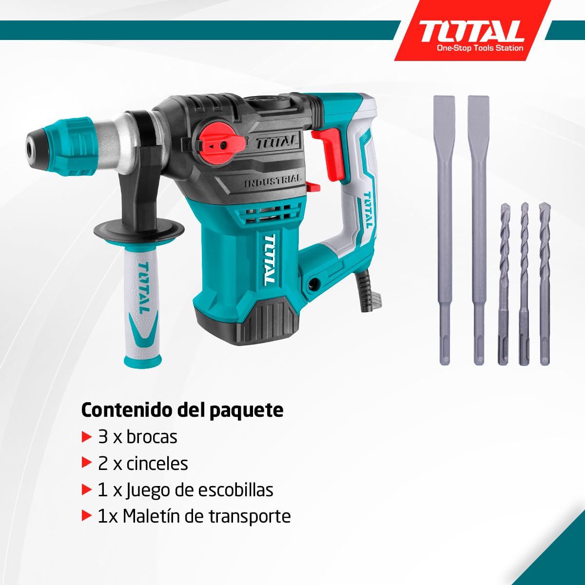 TOTAL - Martillo Combinado SDS Plus 1500W - 5.5J Alta potencia - Incluye set brocas y cinceles - Maletín incluido - TH1153216