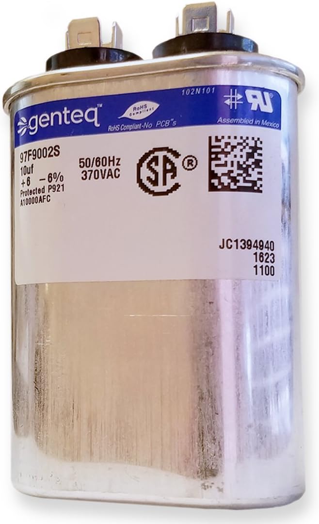 Genteq Capacitor 10 UF MFD 370V 97F9002, 97F9002s (Replaces Old GE# 97F9002BZ3, Z97F9002, 27L669), 10 MFD at 370V, Oval