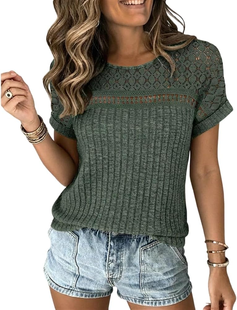 CHICME Women's Short Sleeve Top 2026 Summer Ribbed Knit Lace Spliced Rolled Cuff Casual T-Shirt for Vacation Beach Daily Wear