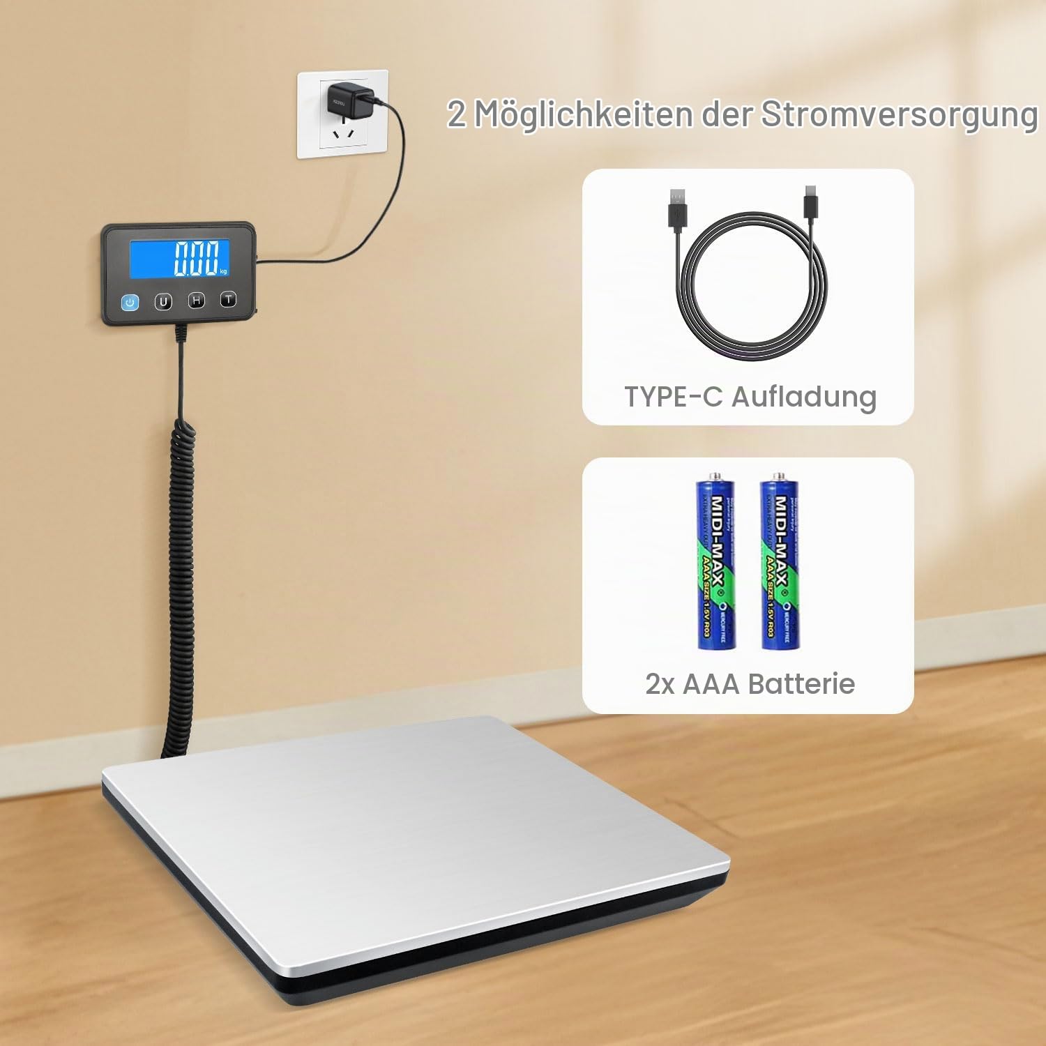 Anesty Digitale Paketwaage bis 200kg, Edelstahl Plattformwaage Briefwaagen mit LCD-Display, Hold/Tara Funktion, Batterien & USB Stromversorgung - Ideal für Pakete, Gepäck, Lager & Postämter
