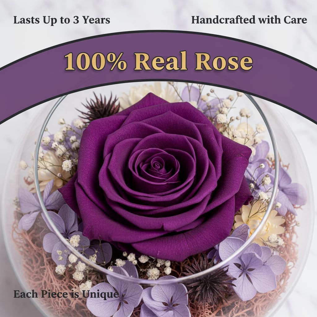 Eternal Preserved Real Rose, Glass Dome Gift Set with 18 Scented Candles (9 Rose,9 Vanilla), Mother's Day Valentine Christmas Birthday Gift for Women Mom Girlfriend Wife Home Decor (Dark Purple) - Image 8