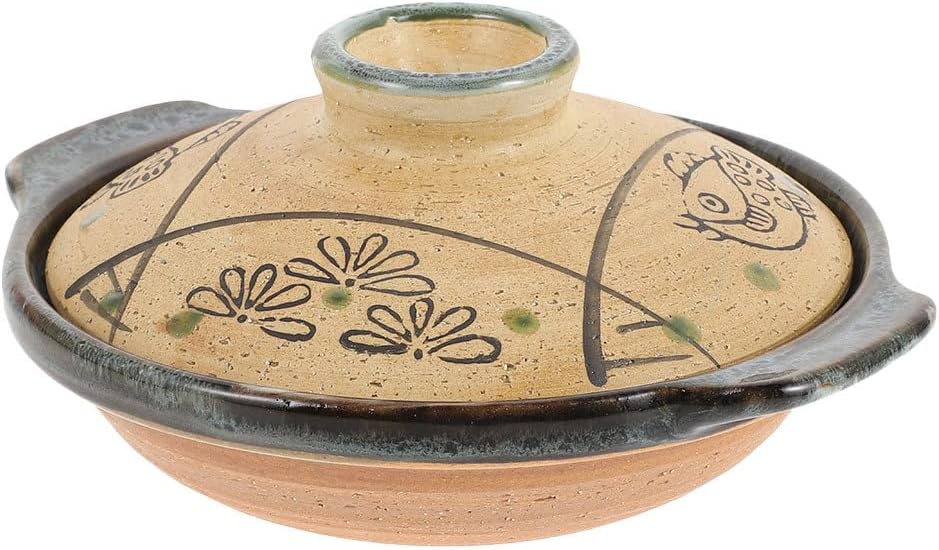 Hemoton Japanese Ceramic Donabe Pot, 7.99 Inch Brown Clay Casserole with Lid, Heat-Resistant Stew Pot for Soup, Rice, and Braised Dishes, Fish Grass Pattern for Home Cooking