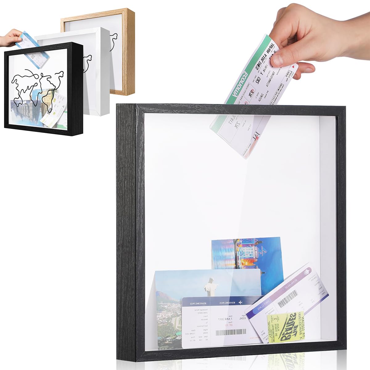 LITAITAI Travel Adventure Challenge Archive Shadow Box Picture Frame with Slot,Travel Ticket Card Memory Box for Keepsake Box,Top Loading Shadow Box Display Case Travel Gift (Black, 8x8)