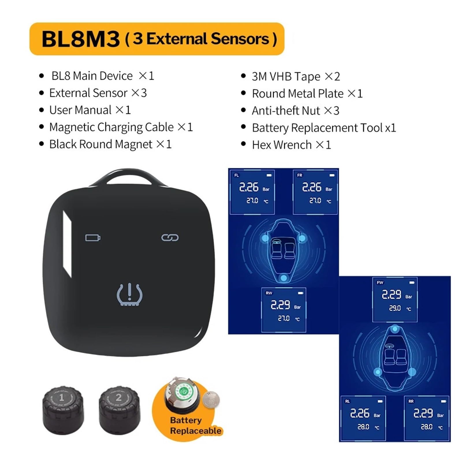 System monitorowania ciśnienia w oponach kompatybilny z Bluetooth do samochodów, motocykli, motocykli, rowerów, czujników TMPS, BLE Control(BL8M3 External Type)