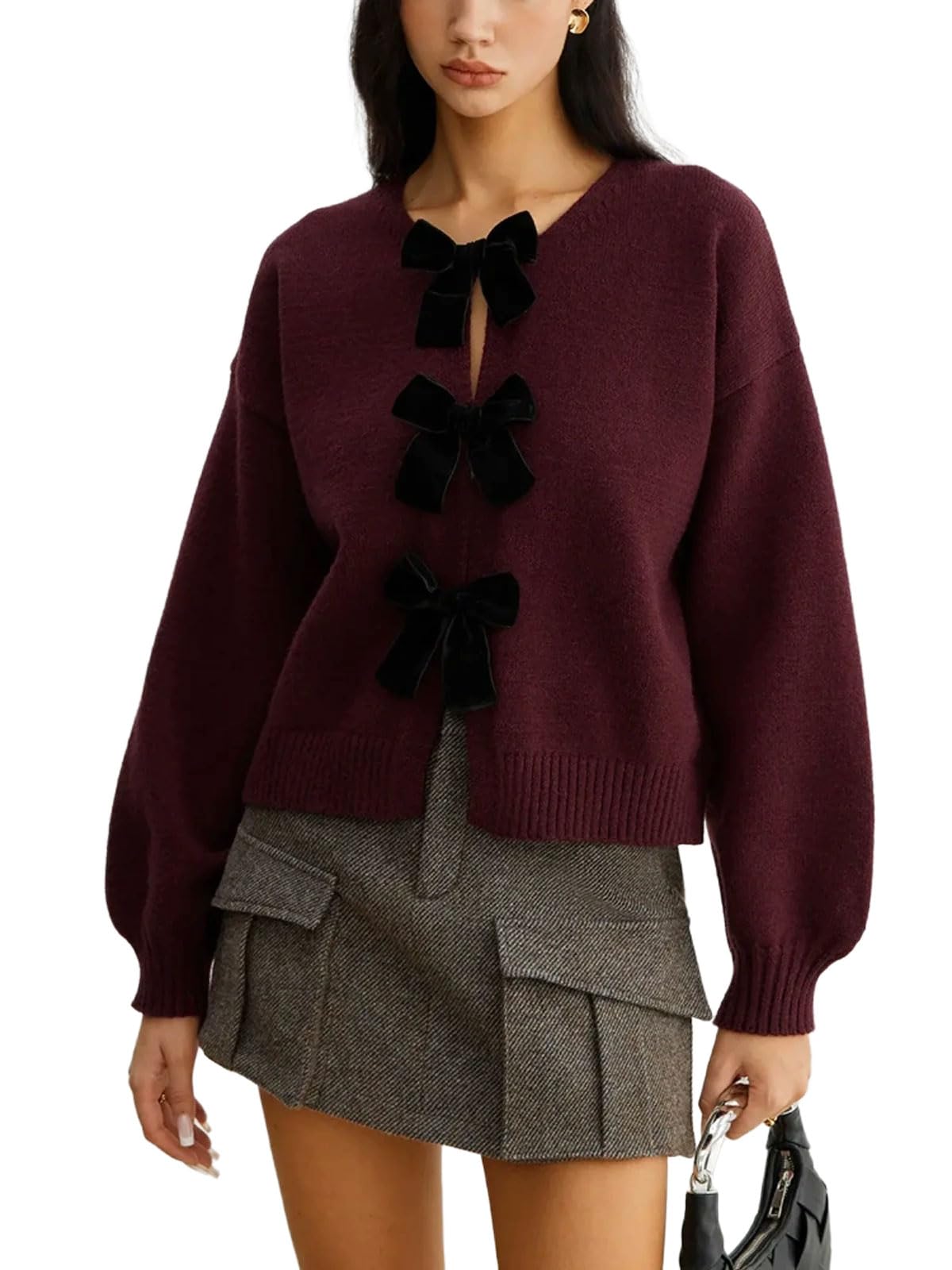 CHARTOU Women Fall Knit Sweater Dressy Velvet Bow Tie Front Short Oversized Pullover Tops Casual Jumper