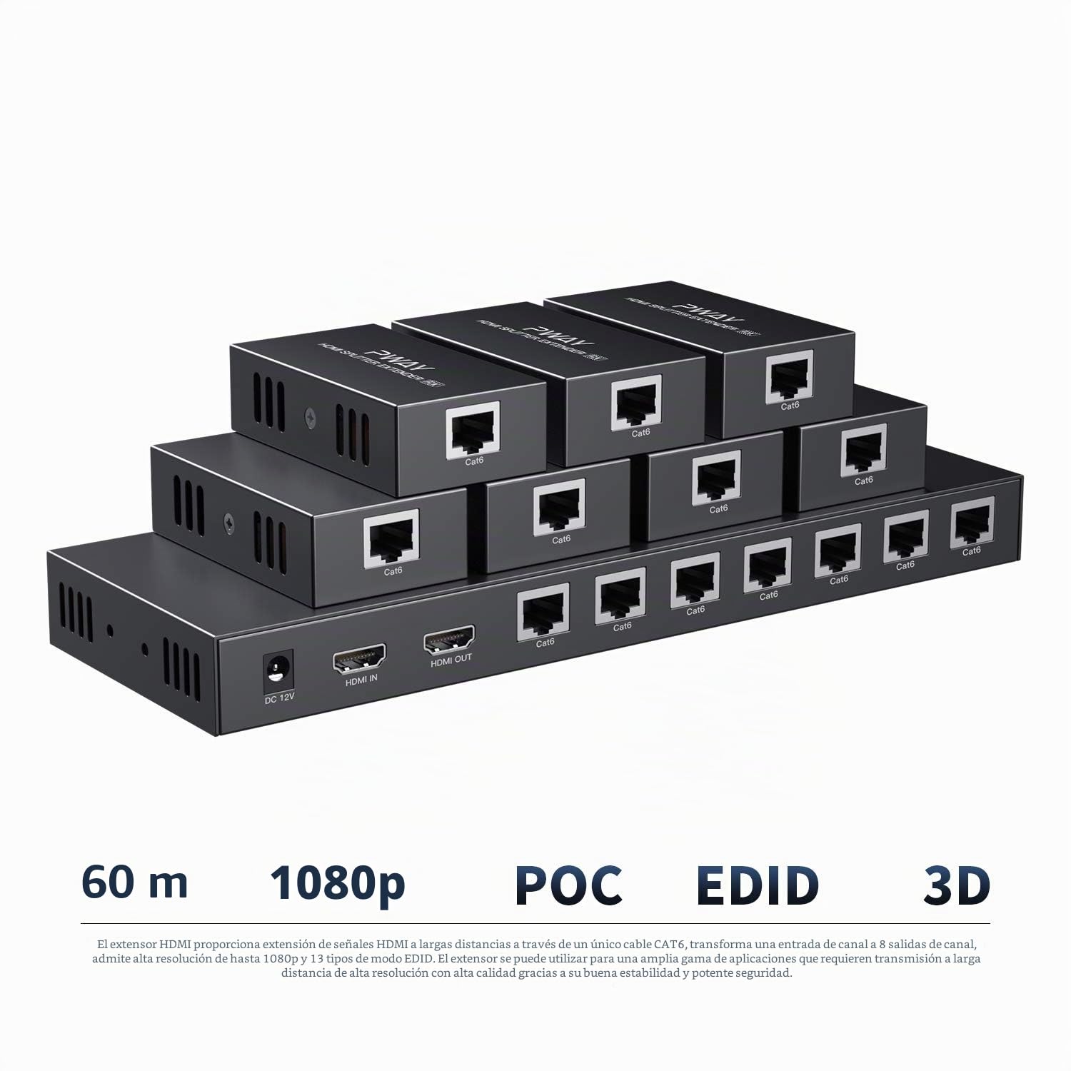 PW-HTS0107 (POC) 1X7 Splitter HDMI Extensor de Divisor Puerto sobre Cat5e/Cat6 Cable Ethernet con Control Sin demora hasta 50m/165ft y Resolución hasta 1080P@60 Hz (1 In 7 out)
