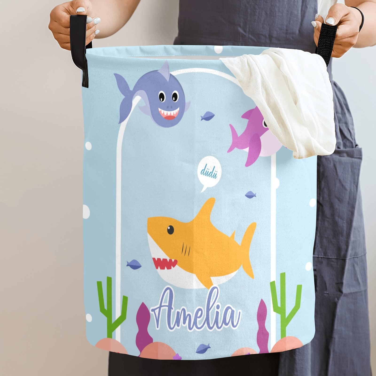 Ocean Whale Personalized Laundry Basket Clothes Hamper with Handles Waterproof,Collapsible Laundry Storage Baskets for Bathroom,Bedroom Decorative 19.7