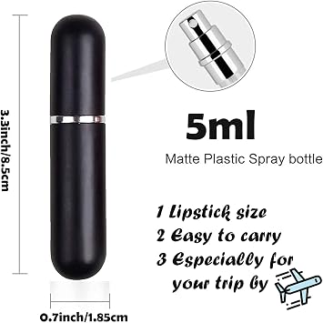 Travel Refillable Perfume Atomisers, 5ML, 3 Pcs Mini Portable Spray Bottles, Round Tube Set With 1 Flat Separated Tool, for Home Business Trip (Black+Blue+Champagne)(4pcs)