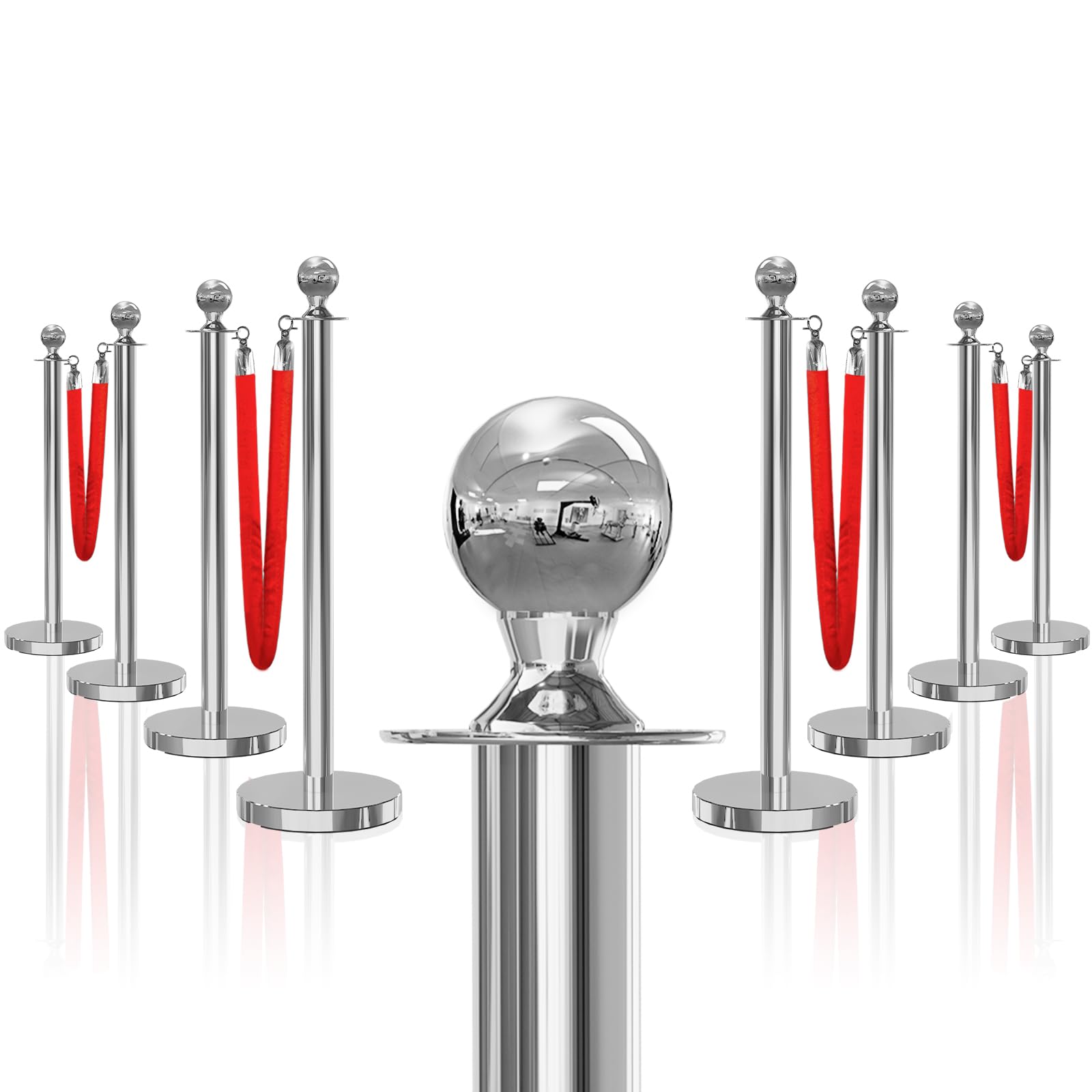 8PCS Silver Stanchions Posts with 4PCS 5 ft Red Velvet Rope, Crowd Control Barriers, Stanchions and Velvet Ropes Red Carpet Poles for Party Supplies