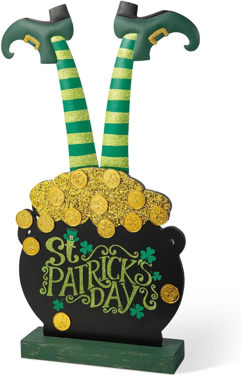 glitzhome St. Patrick's Porch Sign Leprechaun Pot of Gold Porch Decor,Farmhouse Rustic 24"H Wooden Porch Board Welcome Sign for Front Door Porch Deck Patio or Wall Indoor Outdoor and Yard Decor