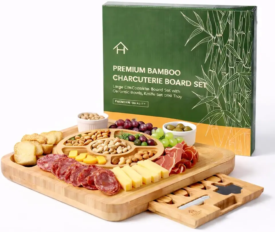 Kit de Tábuas de queijo e frios Bambu, petisqueira, facas, molheira de porcelana. Conjunto de tábuas de bambu premium, ideal para presentes. Petisqueira para frutas, azeitonas, queijos | HYATTO HOME