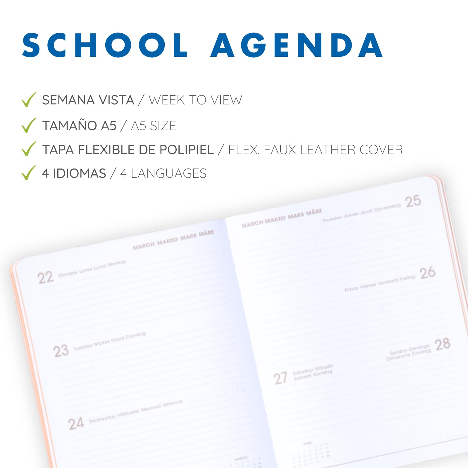 Agenda Scolaire 2026 2027 Septembre à Juin Semaine Vue A5 15x21 cm Langues ESP ENG FRA ALL Couverture Souple Simili Cuir Fermeture Élastique Avec Stickers Green Mousse