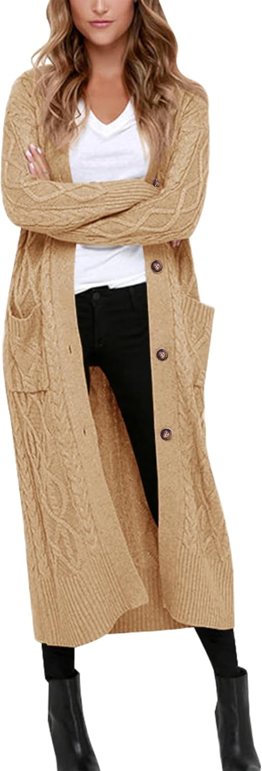 Danedvi Women's Long Cardigans Long Sleeve Cable Knit Button Down Open Front Chunky Knit Sweaters Coats with Pockets