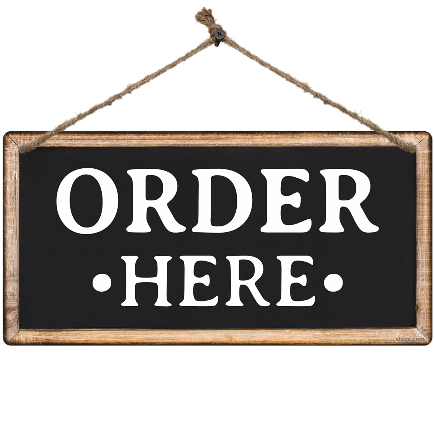 Order Here Sign for Pickup Counter – 6x12 Inch Metal Sign – UV Printed, Easy to Hang with Jute String – Indoor Outdoor Use for Cafes, Food Trucks, Restaurants (Black & White)