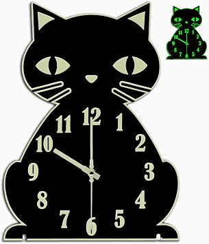Crosstime Cat Wall Clock Glow in The Dark - Silent Luminous Clock for Bedroom Living Room Home Decor,Cute Unique Gifts for Kids,Cat Lovers- Black
