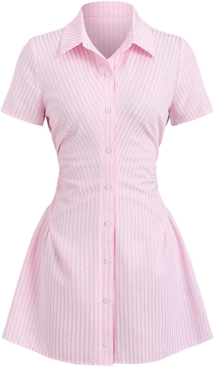 SOLY HUX Women's Striped Short Sleeve Shirt Dress Button Down Collared Fitted Min Dresses