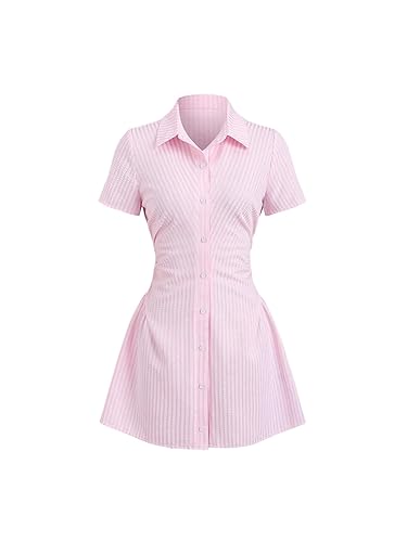 Floerns Women's Striped Button Down Shirt Dress Short Sleeve Ruched Going Out Mini Dresses