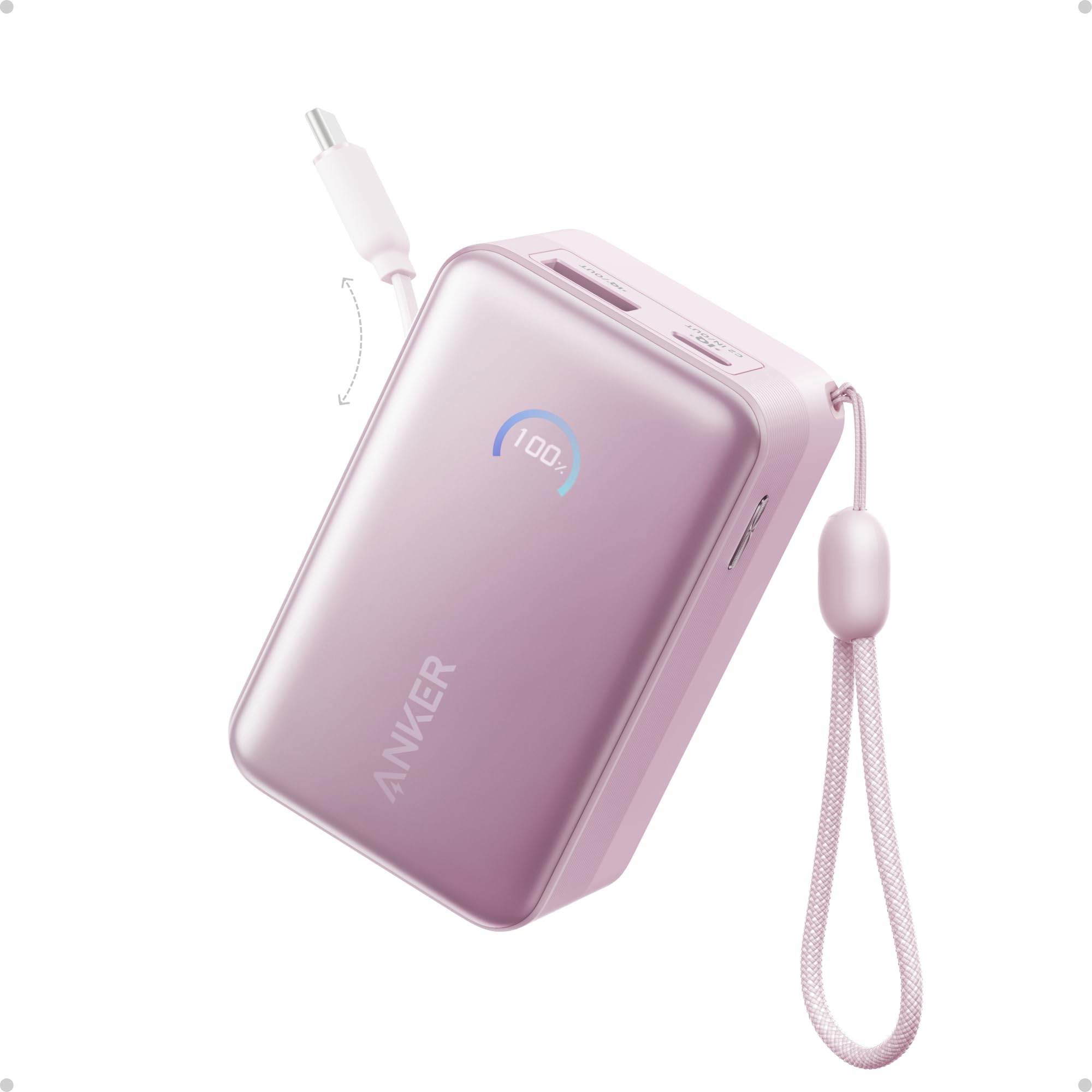 Anker Nano Portable Charger, 45W 10000mAh with 2.3 ft Retractable Cable, Compact Power Bank, Travel Essential Phone Battery Pack for iPhone 17/16 Series, iPad, Galaxy, Pixel, and More Pink