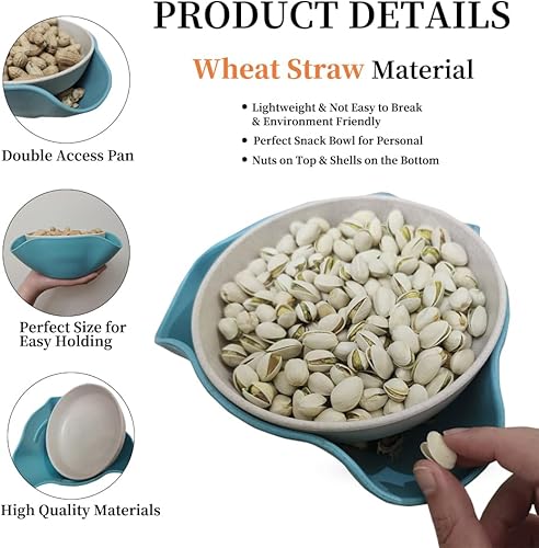 Miniatura 3 de Rvdxur Tazón de pistacho de paja de trigo con almacenamiento de concha, plato de doble plato para servir, plato de frutos secos, almacenamiento para