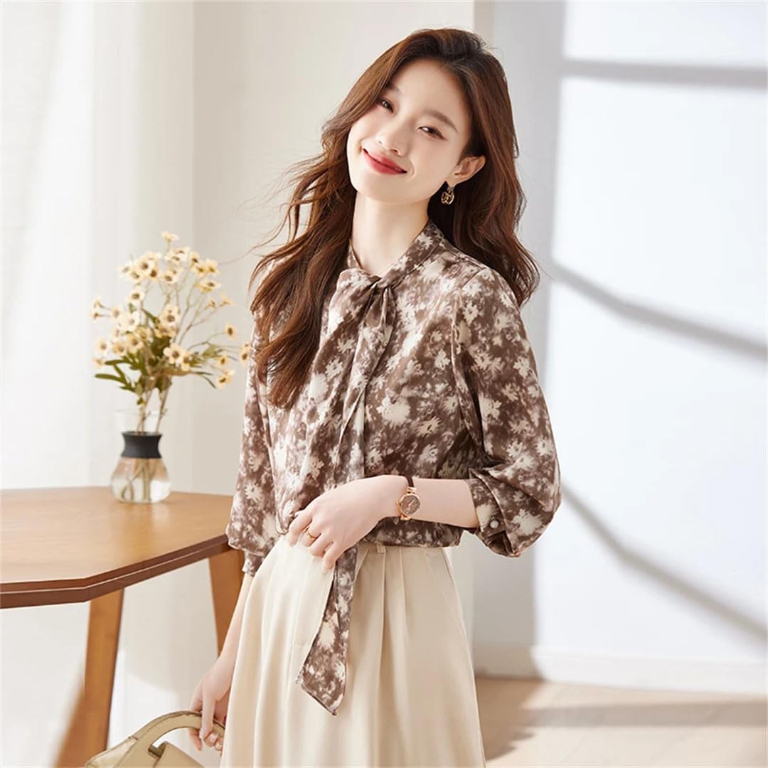Elegante blusa de gasa estampada de manga larga para mujer, cuello redondo, con cordones