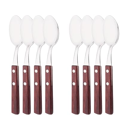 8 PCS Dinner Spoon Set, Uniturcky 304 Stainless Steel Table Spoon with Wooden Handle, Square Handle Soup Spoons, Red Wooden Handle Spoons Set for Home Restaurant, 7.9