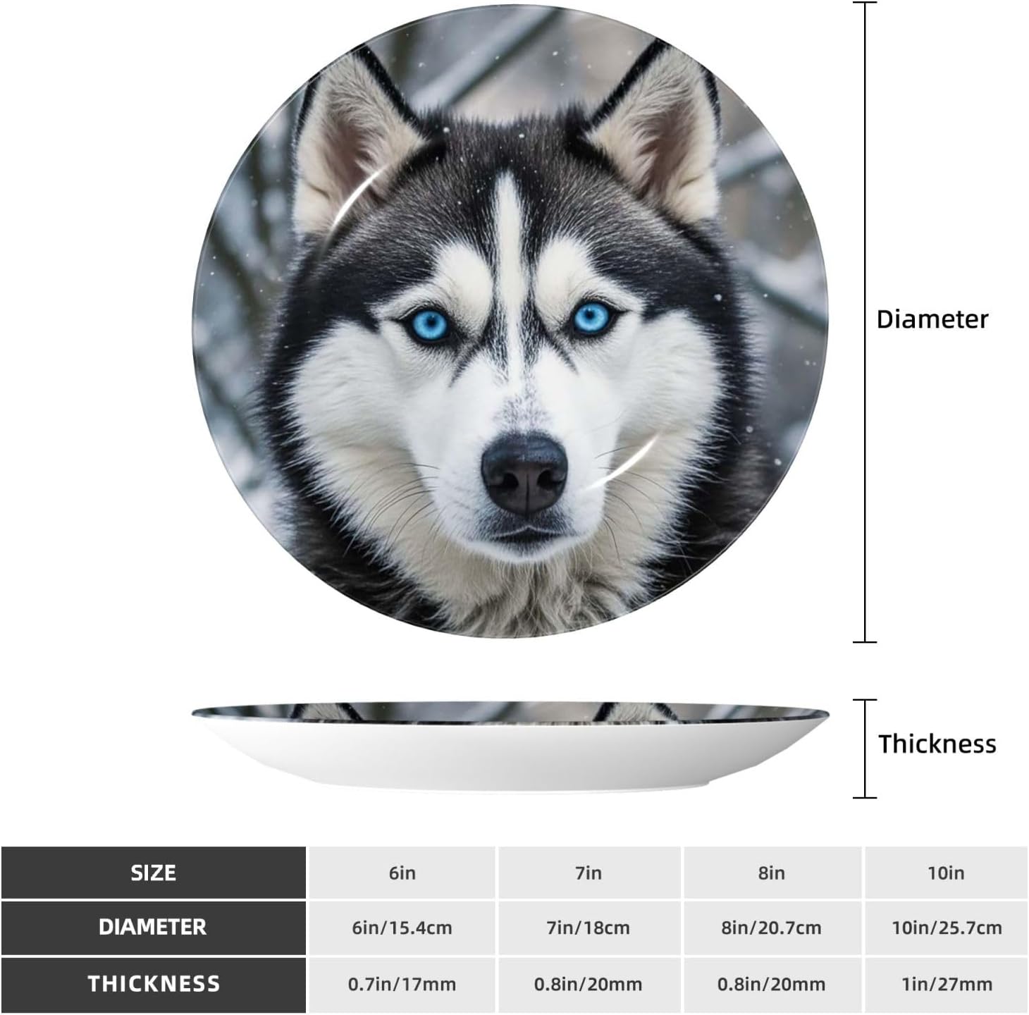 Bone China Decorative Plate with Display Blue eyed husky Ceramic Plates Crafts Art Decor Dessert Plate Ceramic Ornament Porcelain Plates for Living Room Kitchen Table Home Decor