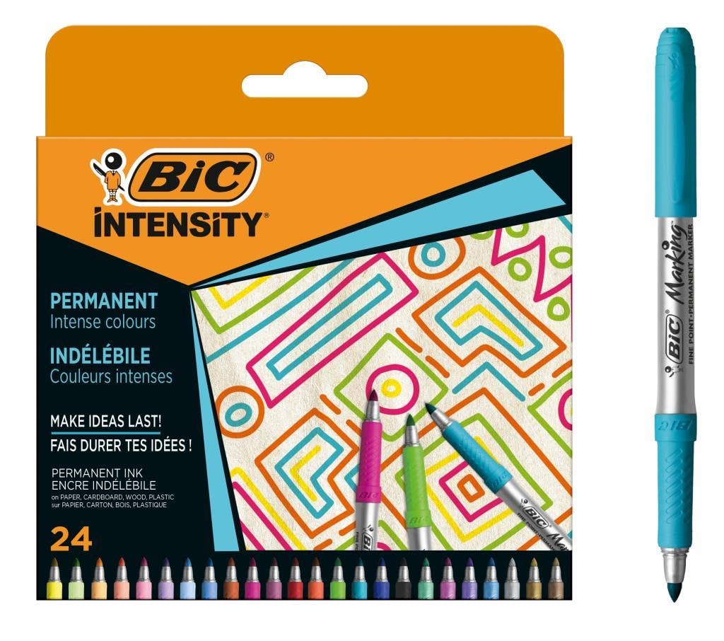 BIC Intensity Permanent Marker Case 24, 24 żywe kolory, gumowy uchwyt, szybkoschnący, lekki zapach