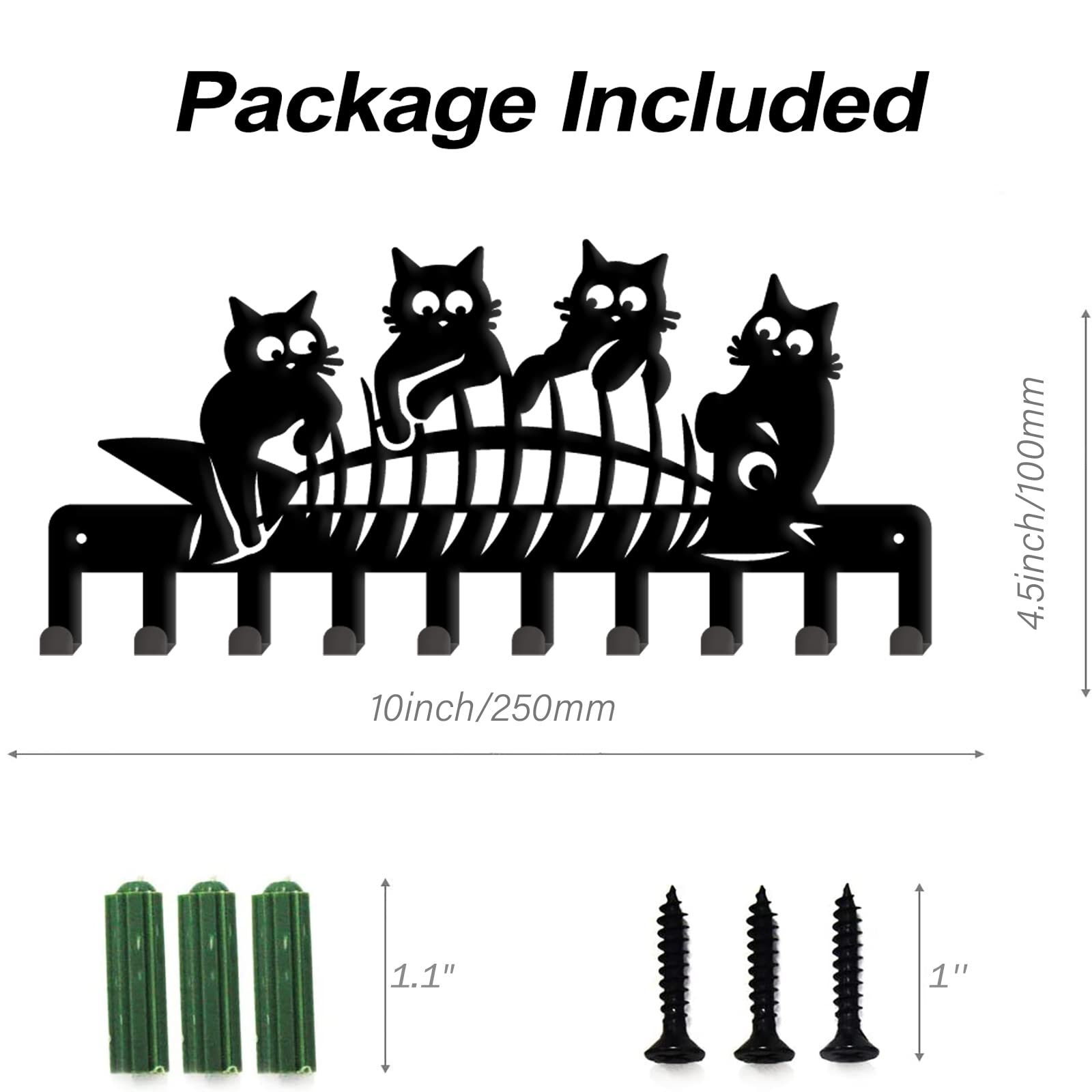 SUPERDANT 4 Cat with Fish Bone Key Holder Kitten Eats Fish Key Hangers Decorative Hooks Stainless Steel Wall Hooks Black Key Rack with 10 Hooks for Key Towel Umbrella 11.5x25cm - Image 3