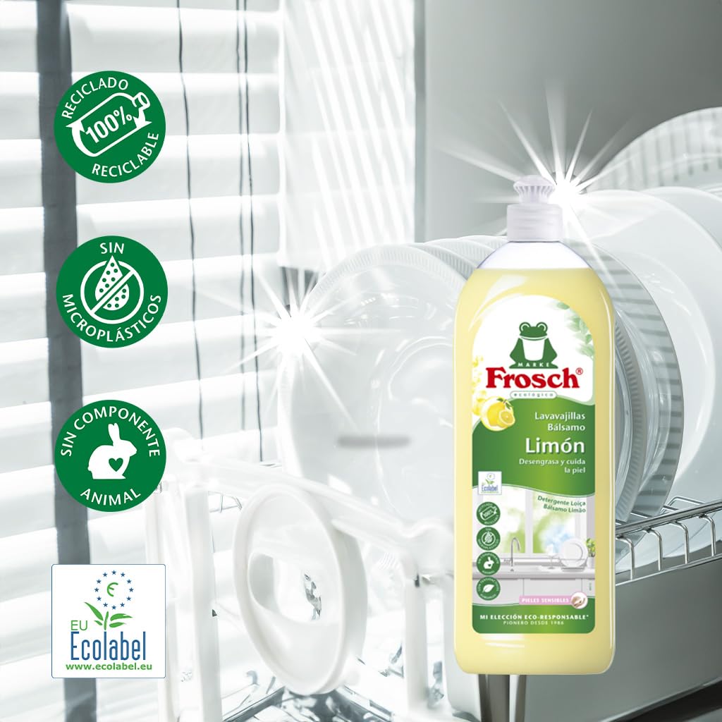Frosch - Lavavajillas a Mano Líquido Bálsamo Ecológico Limón, Desengrasa y Protege la Piel, Dermatológicamente Testado - Pack de 2 Unidades x 750 ml