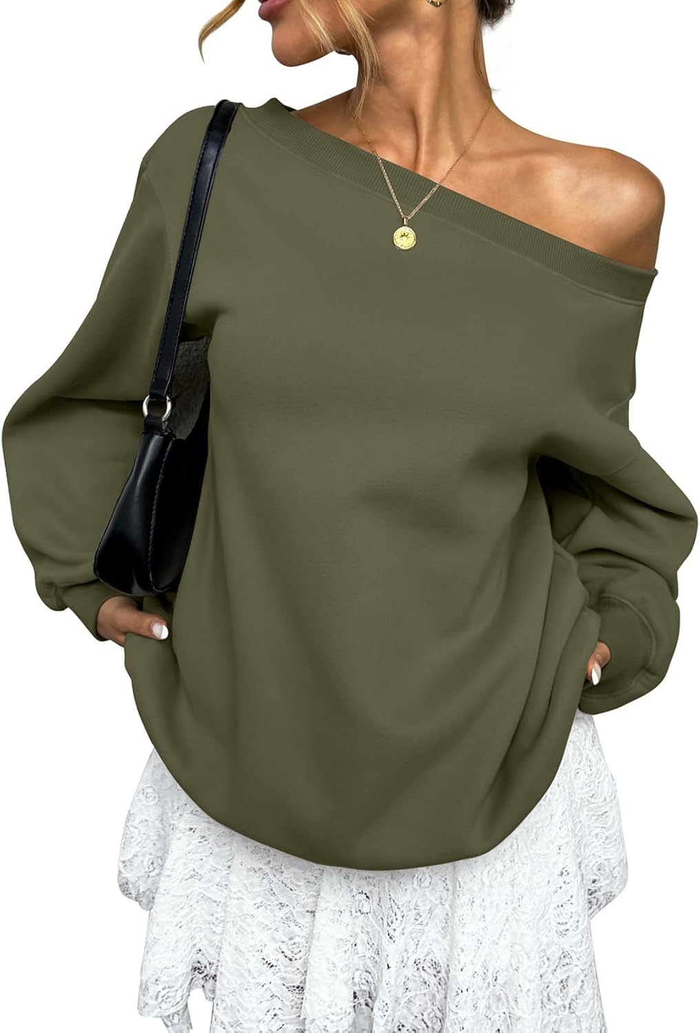 EasyGala Womens Fleece Lined Sweatshirt Off Shoulder Long Sleeve Pullover Top Oversized Shirt Basic Slouchy Clothes 2026