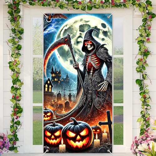 Image of BlissYard Halloween Door Cover Bats Grim Reaper 35x71 Inch Polyester | Door Banner, Wall Decor | Grim Reaper Entry Accent, Jack Lantern Backdrop | Porch, Hallway, Party (Gothic Art)