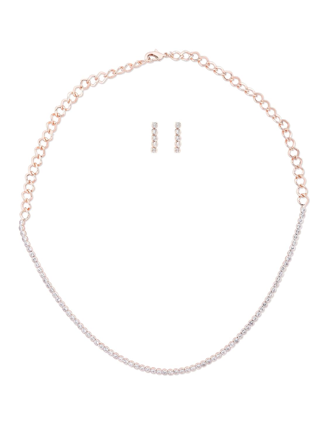 ZAVERI PEARLS Rose Gold Contemporary Cubic Zirconia Sleek Chain & Earring Set For Women-ZPFK15233