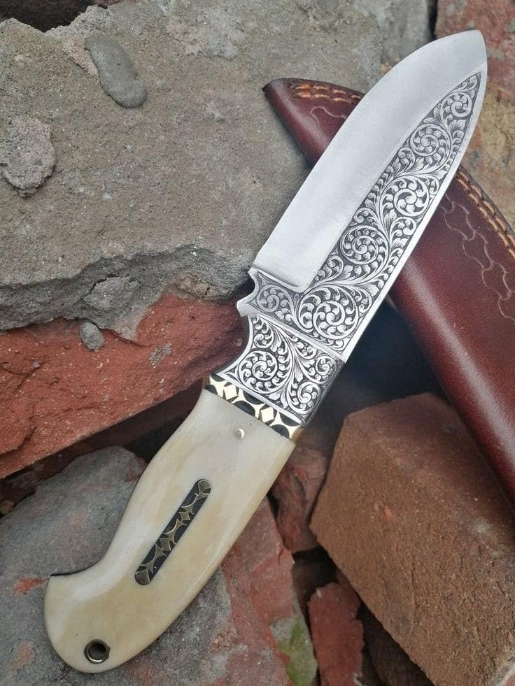 Deep Handengraved D2 Steel Hunting Knife Camel Bone Handle Best Gift for Him Her Leather Sheath
