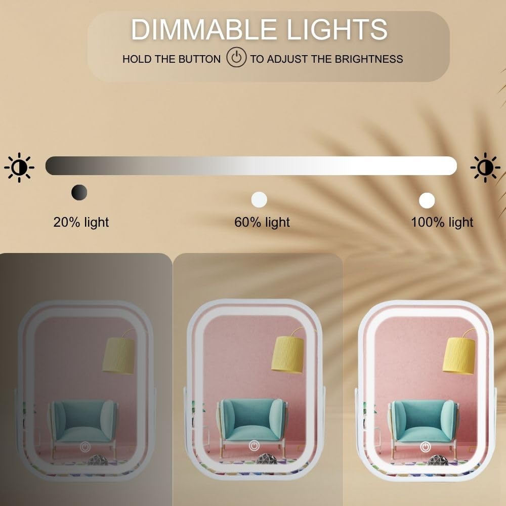 Specchio cosmetico con luci, 15 x 20 cm, specchio da trucco ricaricabile per scrivania, illuminazione a 3 colori e luci da tavolo con controllo touch, specchio portatile da viaggio senza fili