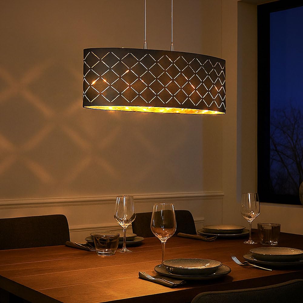 Deckenleuchte Lampe Wohnzimmer hängend schwarz gold Wohnzimmer hängend Hängelampe Esstisch, 3 Flammig Stanzungen, Metall Textil, 3x LED 7W 806Lm 2700K, LxBxH 65x25x140 cm