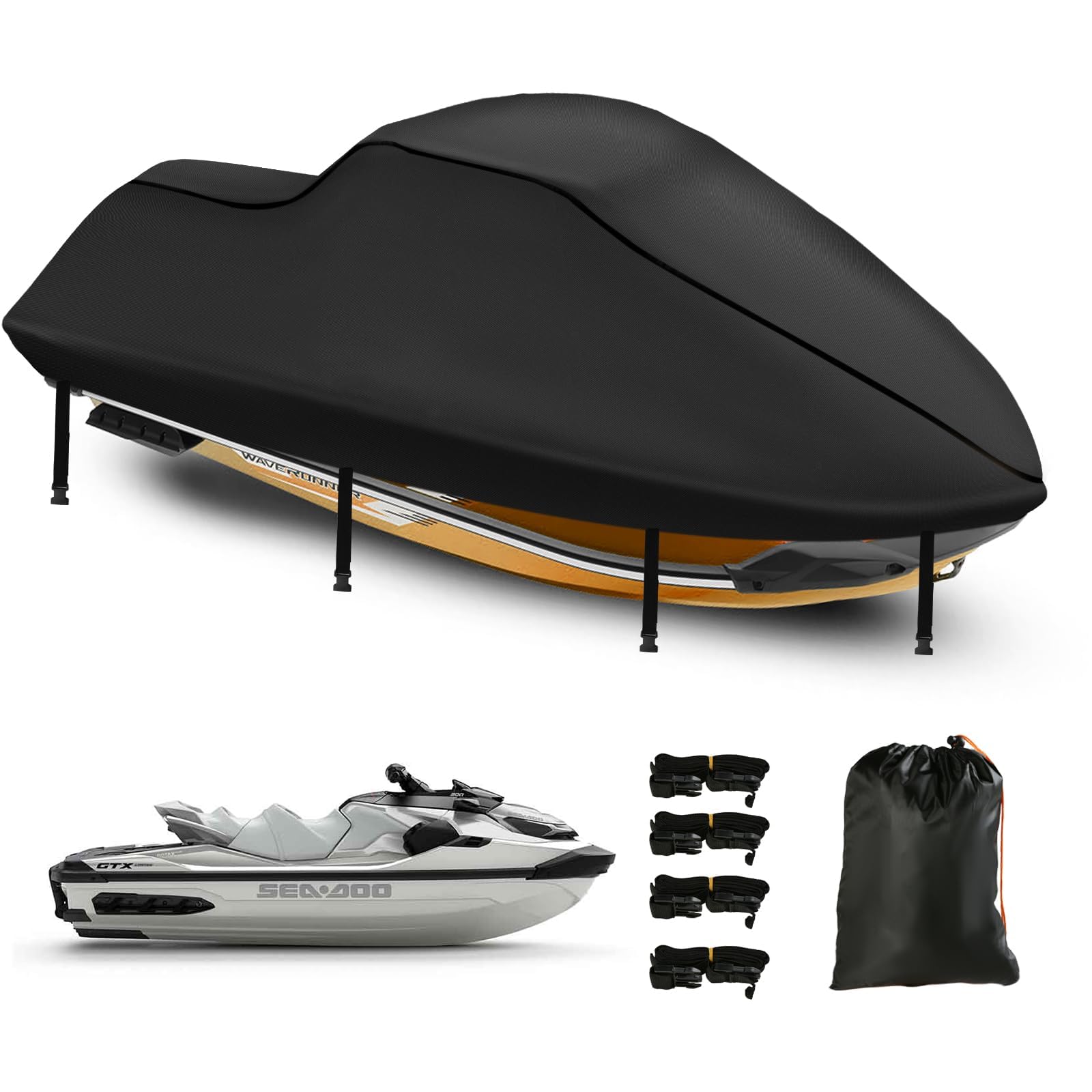 Jetski Covers Waterproof,Upgraded 420D Heavy Duty Jet Ski Personal Watercraft Cover,2 Air Vent Marine Grade UV Resistant for Seadoo,Kawasaki,Waverunner Polaris from 126" to 135"(Black)