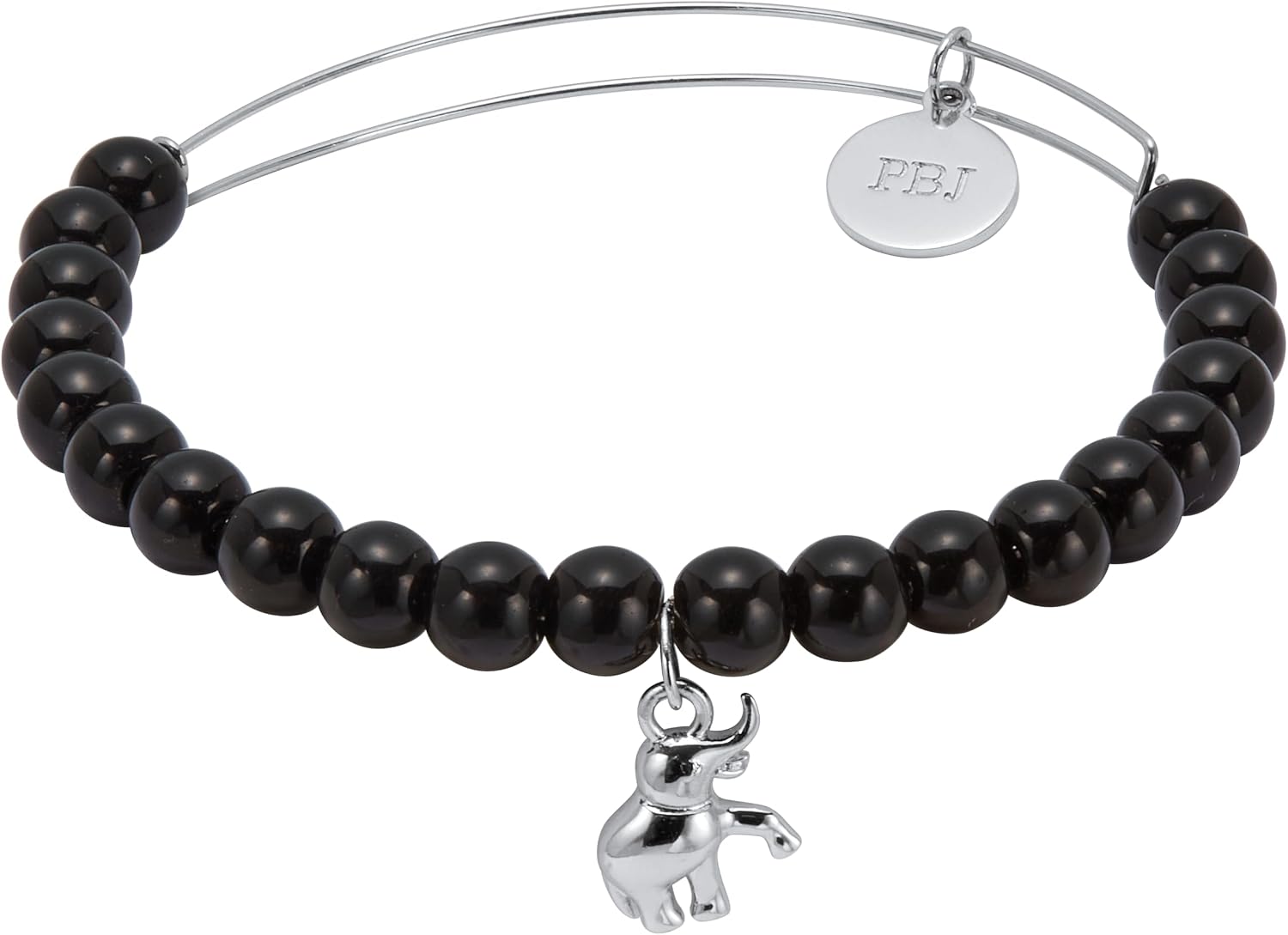 PalmBeach Silvertone Round Natural Black Onyx, Elephant Charm Bangle Bracelet (6mm), 7.5 inches