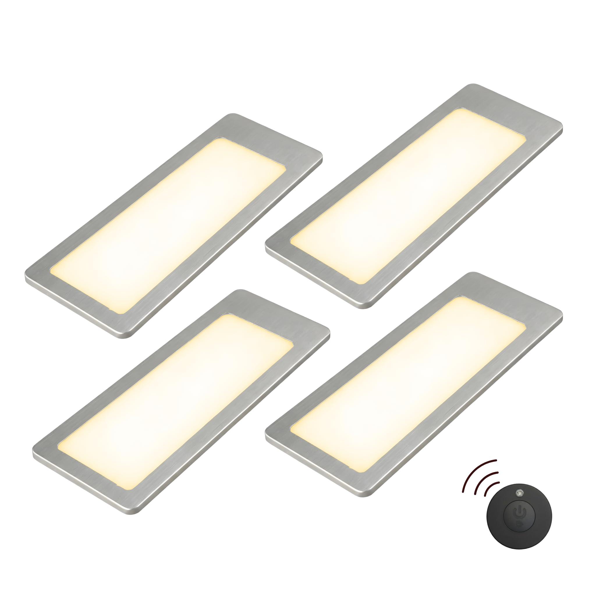kalb TooFlatXL luz LED bajo mueble 12V set 1–4 con interruptor inalámbrico MonoDot, ultrafina 4 mm, campo luminoso XL 155 x 55 mm, Plug & Play con fuente de alimentación (4, blanco cálido)