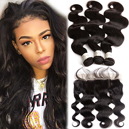 Brazilian Virgin Hair Body Wave 3 Bundles With Lace Frontal 13x4 Ear to Ear Frontal Closure With Baby Hair and Bundles Unprocessed Human Hair Extensions Natural Color (18 20 22 With 16)