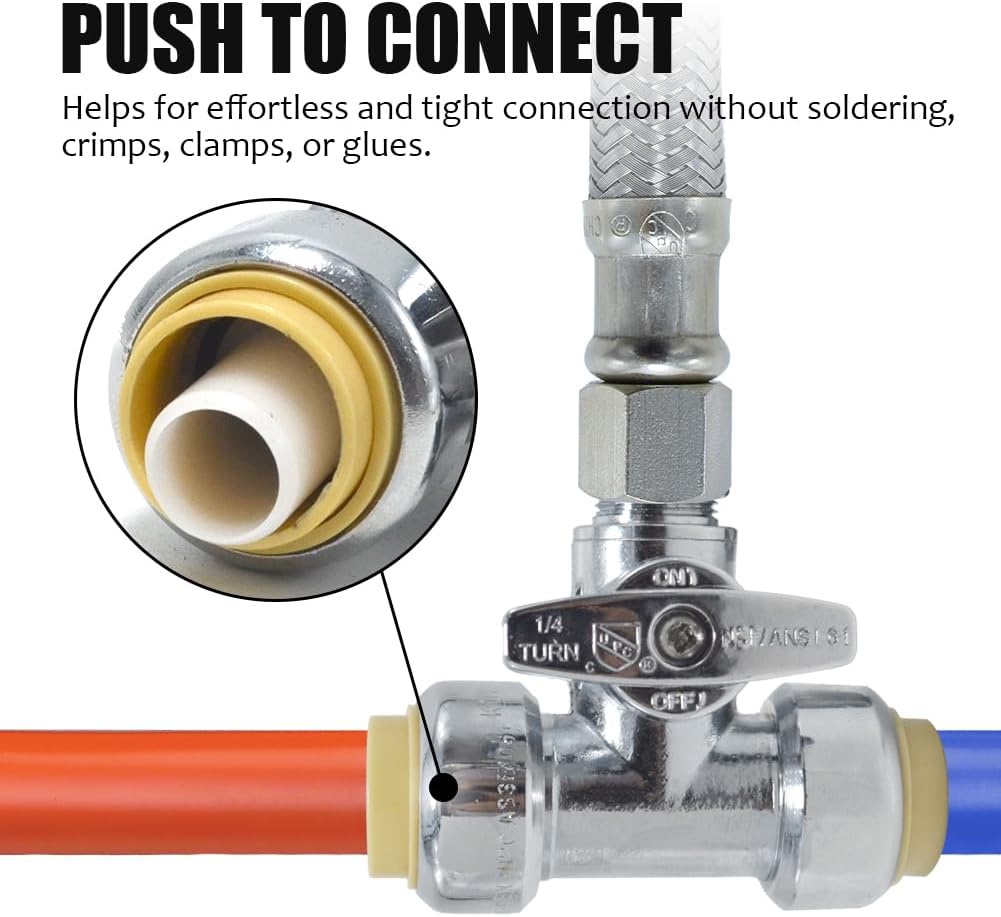 TT FLEX Service Tee Stop Valve, 1/2" Push x 3/8" Compression, 1/4 Turn, Compression Service Stop Fitting, Water Valve Shut Off, Push-to-Connect, PEX, Copper, CPVC, PE-RT