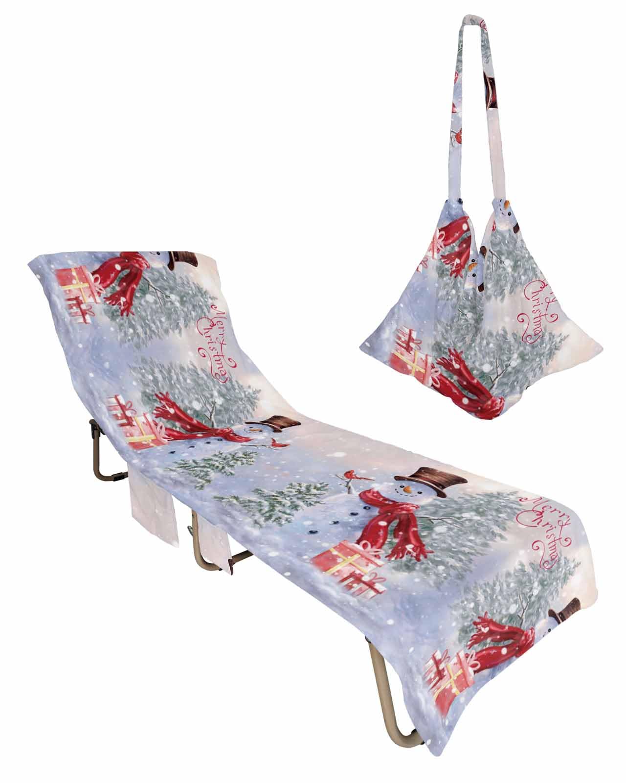 Winter Snowman Christmas Beach Lounge Chair Towel Cover, Soft Chaise Lounge Towel with Side Pockets Patio Pool Chairs Cover for Beach/Pool Sunbathing 29x85 Xmas Tree Snowflake Gifts