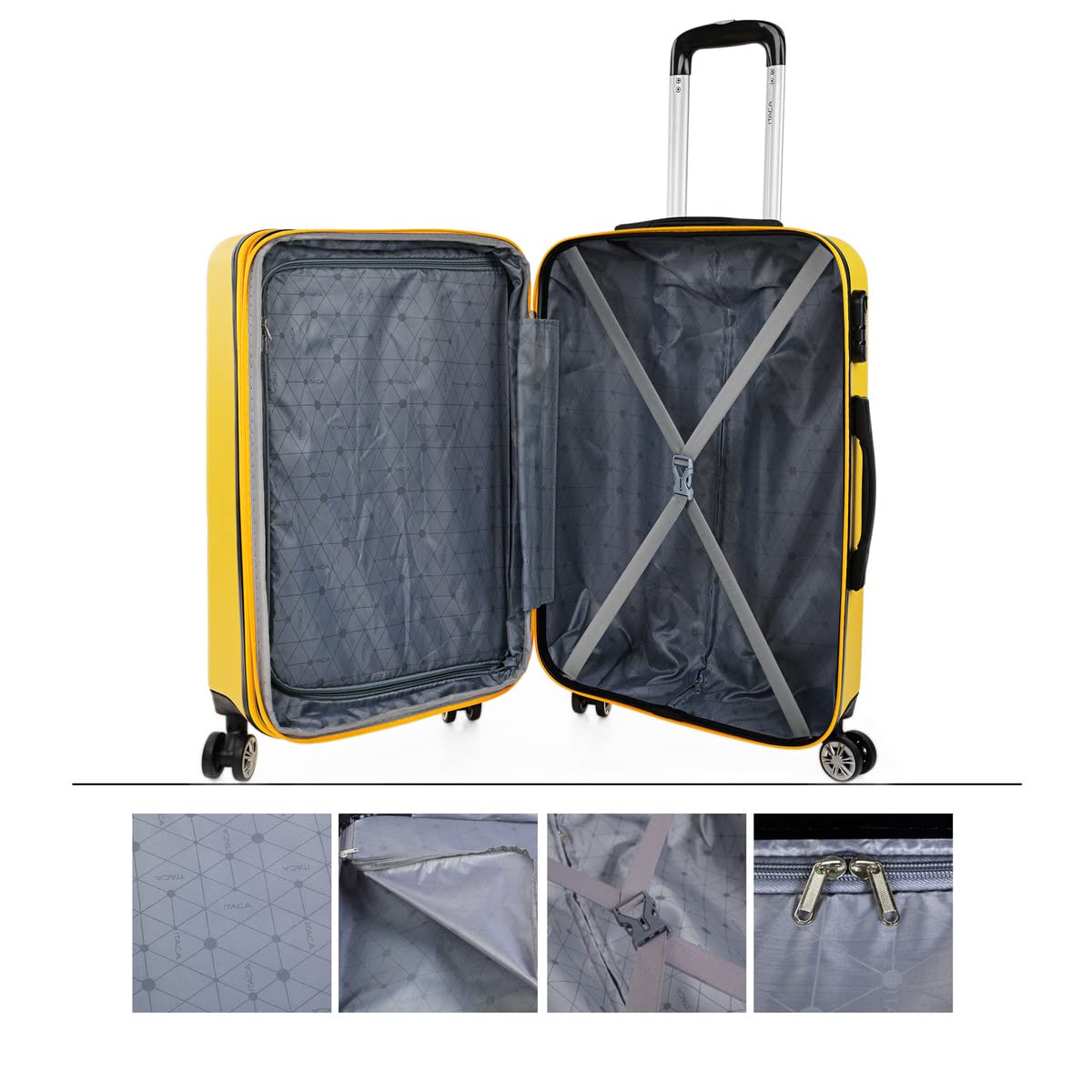 ITACA - Walizka na wózek, 50 cm, kabina, ABS. Bagaż podręczny. Sztywny i lekki. Rękojeść teleskopowa, 2 uchwyty i 4 koła. Tanie loty Ryanair Vueling T71550, Żółty
