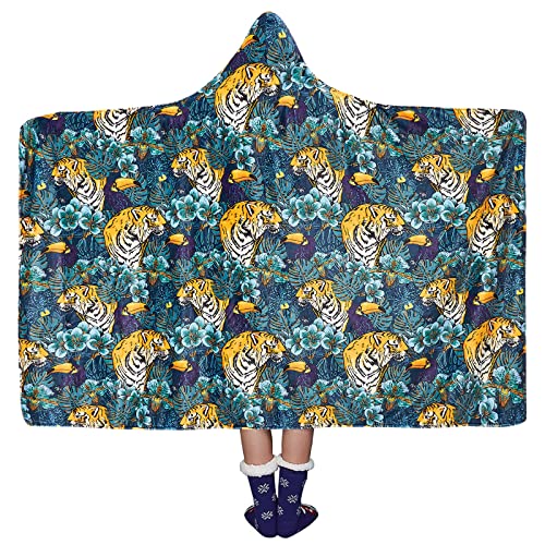 ALISISTER Sherpa Überwurfdecke für Damen und Herren, mit Kapuze, tragbar, Fleece, Plüsch, 3D-gedruckt, Tiger-Decke, 152,4 x 203,2 cm, warm für Zuhause, Couch, Fall, leicht, braun Cover