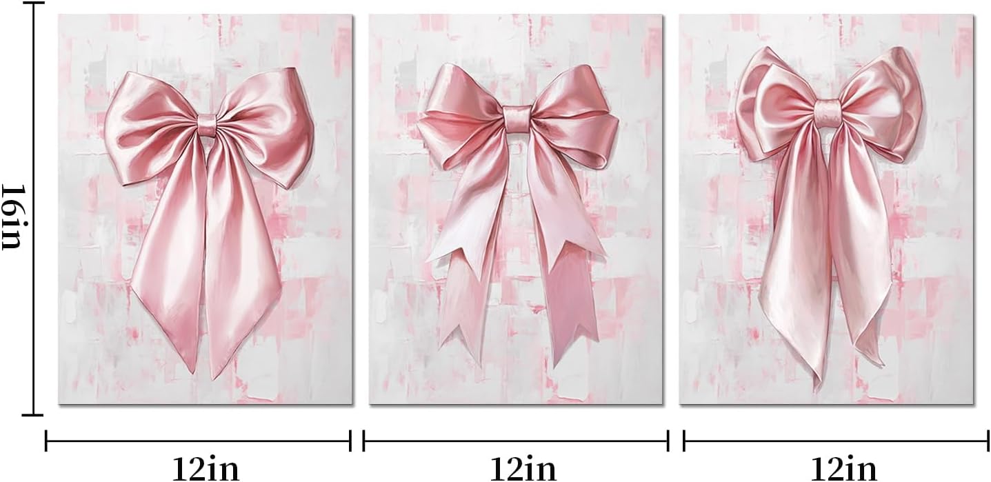 Visual Art Decor Bow Pictures Girls Bathroom Bedroom Wall Decor, Bow Wall Art Framed 12x16inchx3 Pieces (Pink)