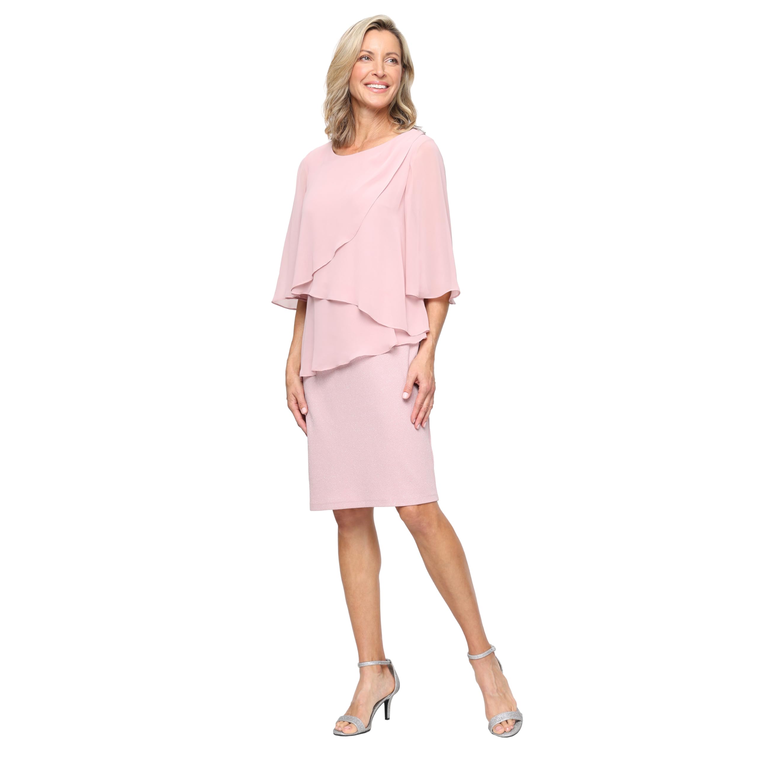 S.L. Fashions Womens Sleeved Chiffon Short Cocktail Dress, Wedding Guest, Mother of The Bride, Blush, 10