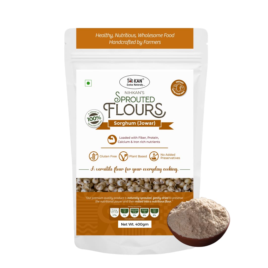 NIHKAN Sprouted Jowar Flour (Sorghum) - 400g | Gluten free tested Jowar Atta | Increased nutrition of Sprouted jowar | Great for gut health | Sugar control Millet flour for Chapati, Pancakes, Cakes & Breads