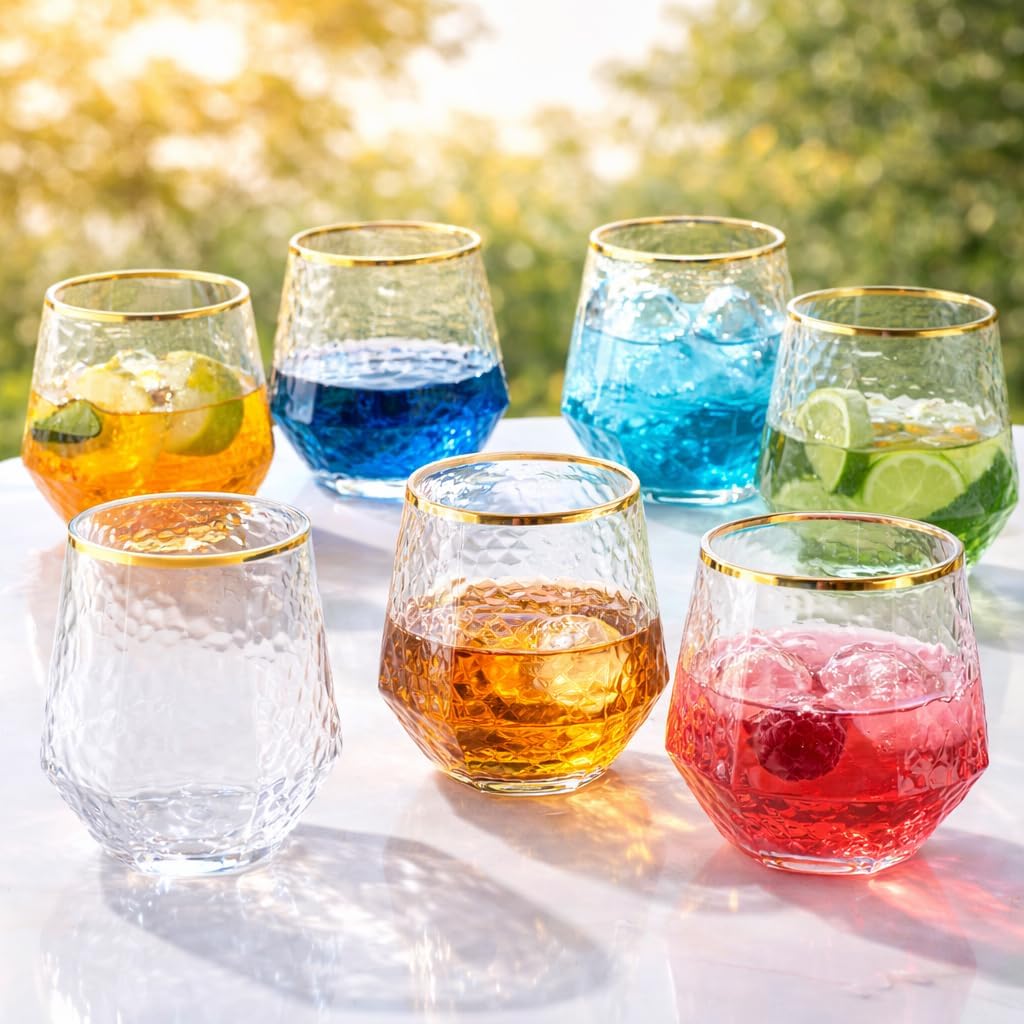 Oojami 40 count Diamond 12 Ounce Cups Unbreakable Stemless Plastic Wine Champagne Whiskey Glasses Elegant Durable Disposable Indoor Outdoor Ideal for Home, Office, Bars, Wedding, (Hammered Gold Rim)