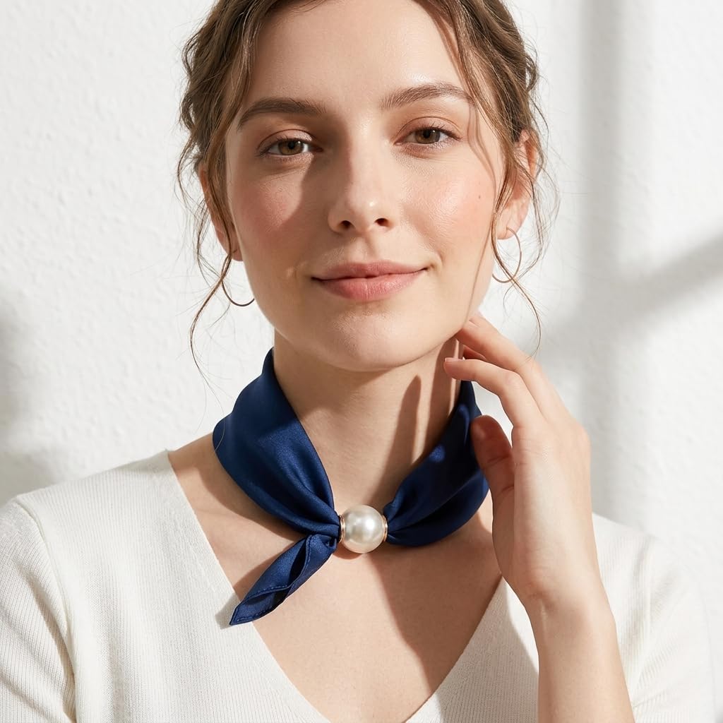 Womens Satin Silk Scarf Necklace, Scarf with Magnetic Pearl Buckle Neck Tie Scarves Headscarf Accessories