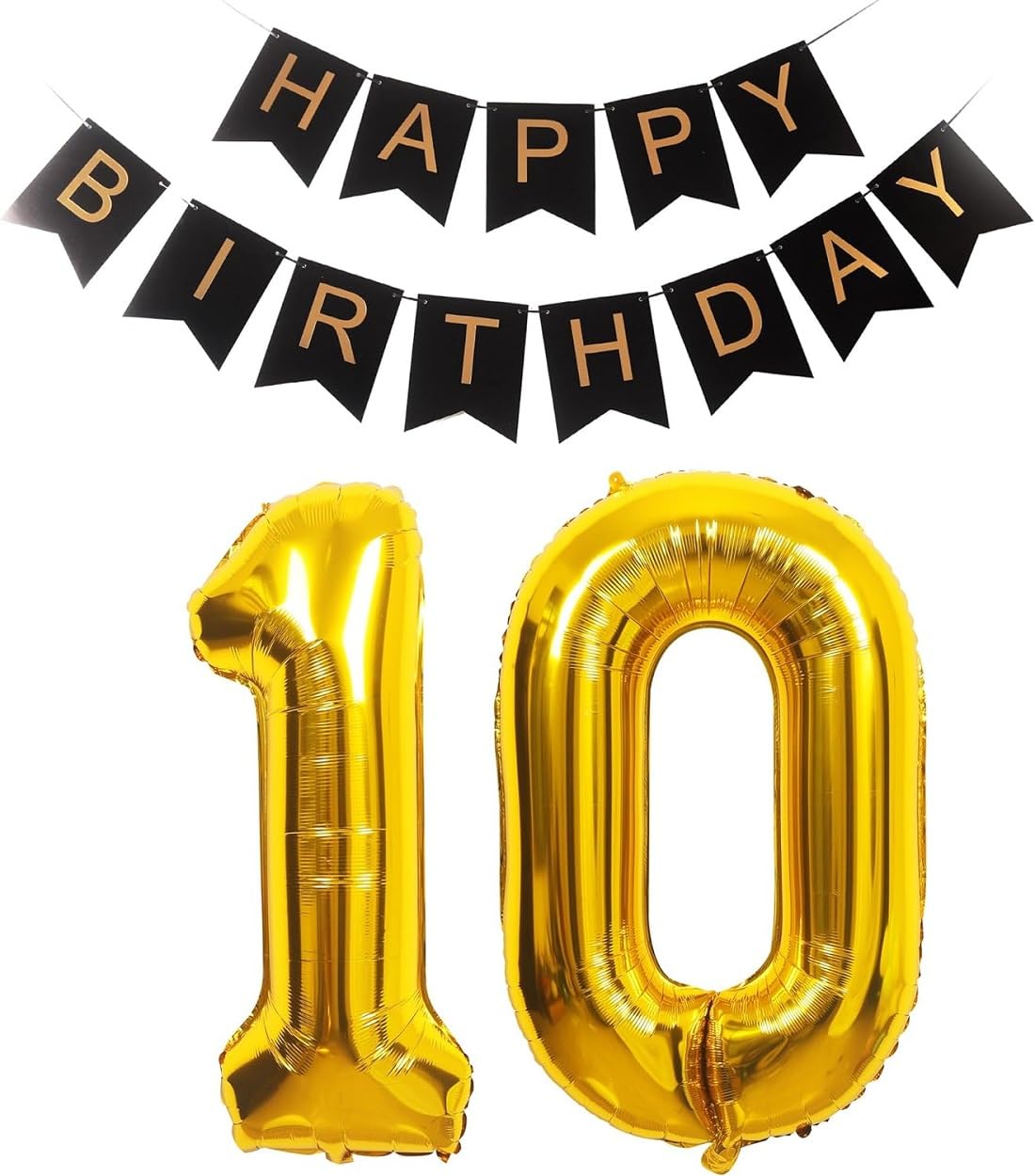 32 inch Giant Gold 10 Number Balloons & Black Happy Birthday Banner, 10th Birthday Decorations with Bunting Banner & 10 Number Foil Balloons Large for Girl Boy Birthday Party (HBD 10)